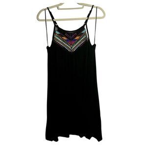 Espresso black embroidered spaghetti strap tank dress, medium